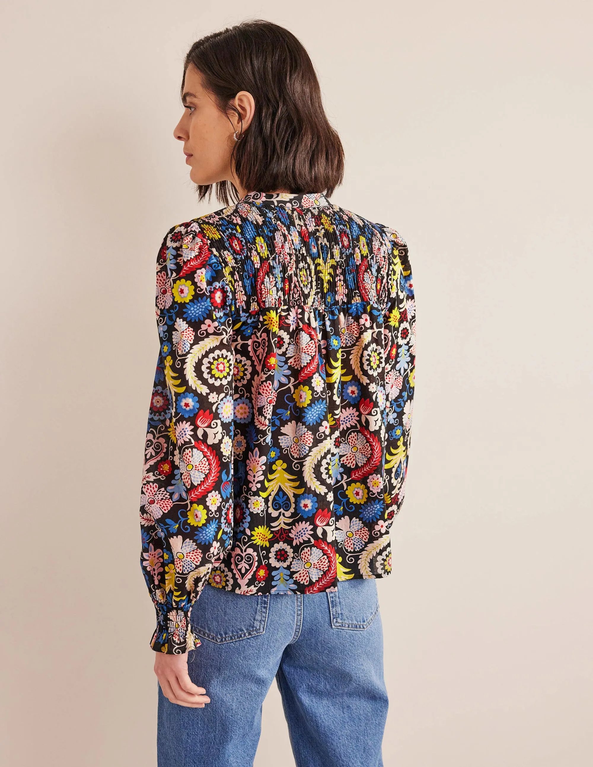 Smocked Yoke Cotton Blouse-Multi, Tropic Charm