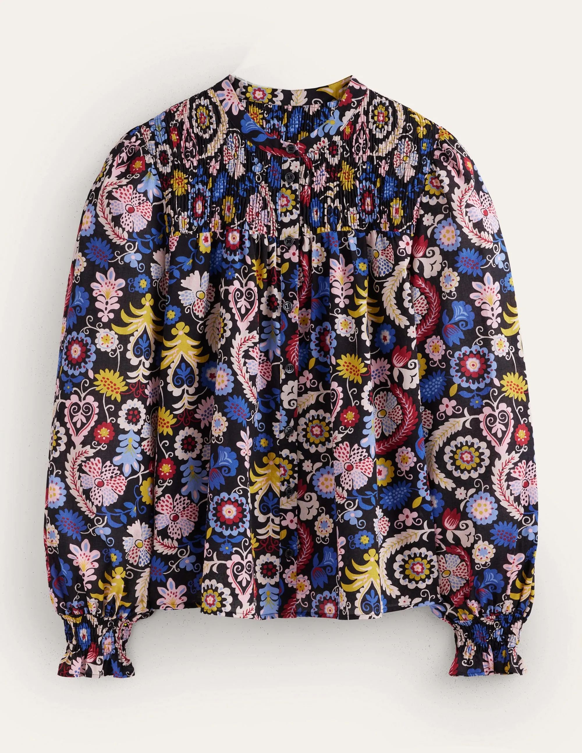 Smocked Yoke Cotton Blouse-Multi, Tropic Charm