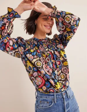 Smocked Yoke Cotton Blouse-Multi, Tropic Charm