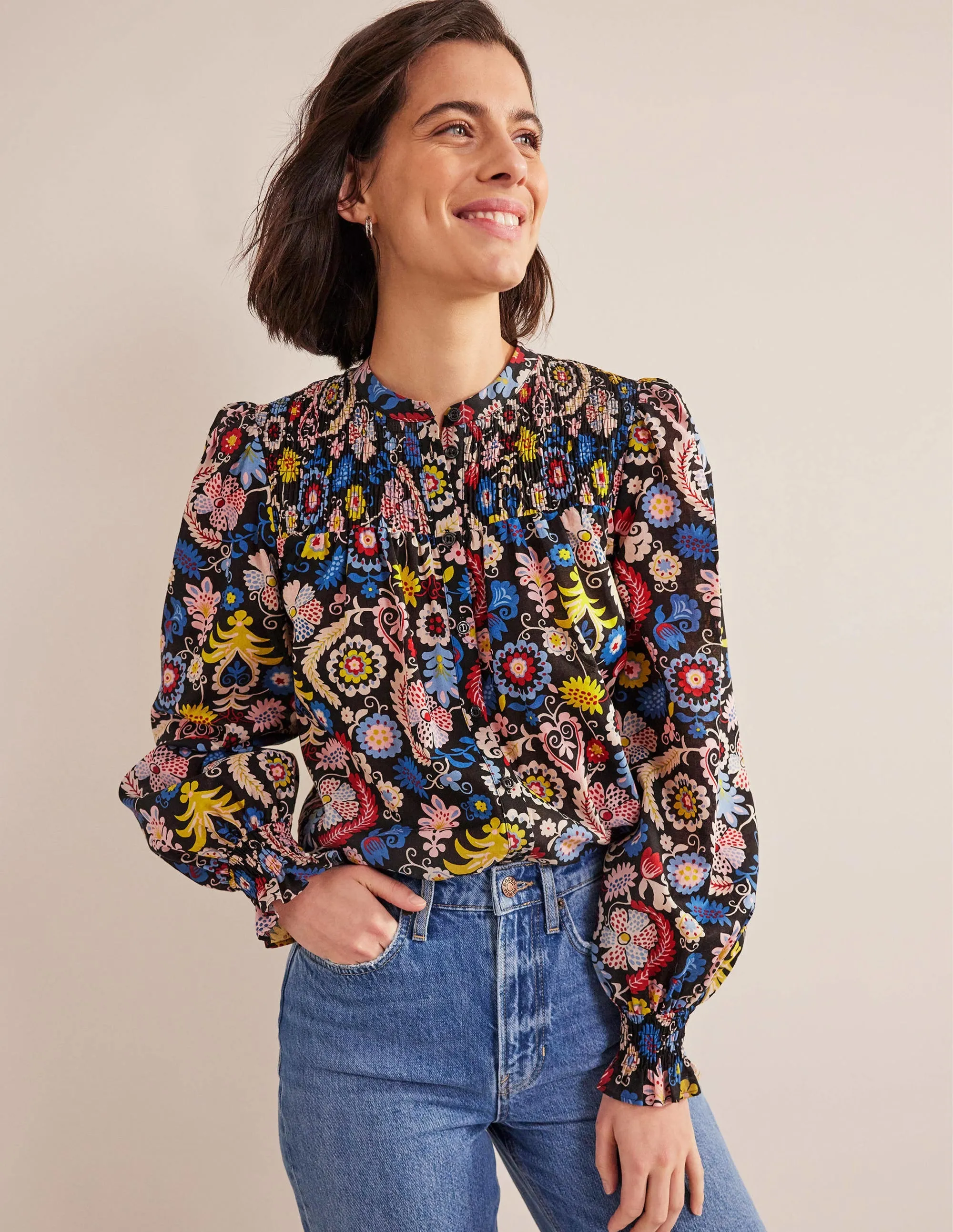 Smocked Yoke Cotton Blouse-Multi, Tropic Charm