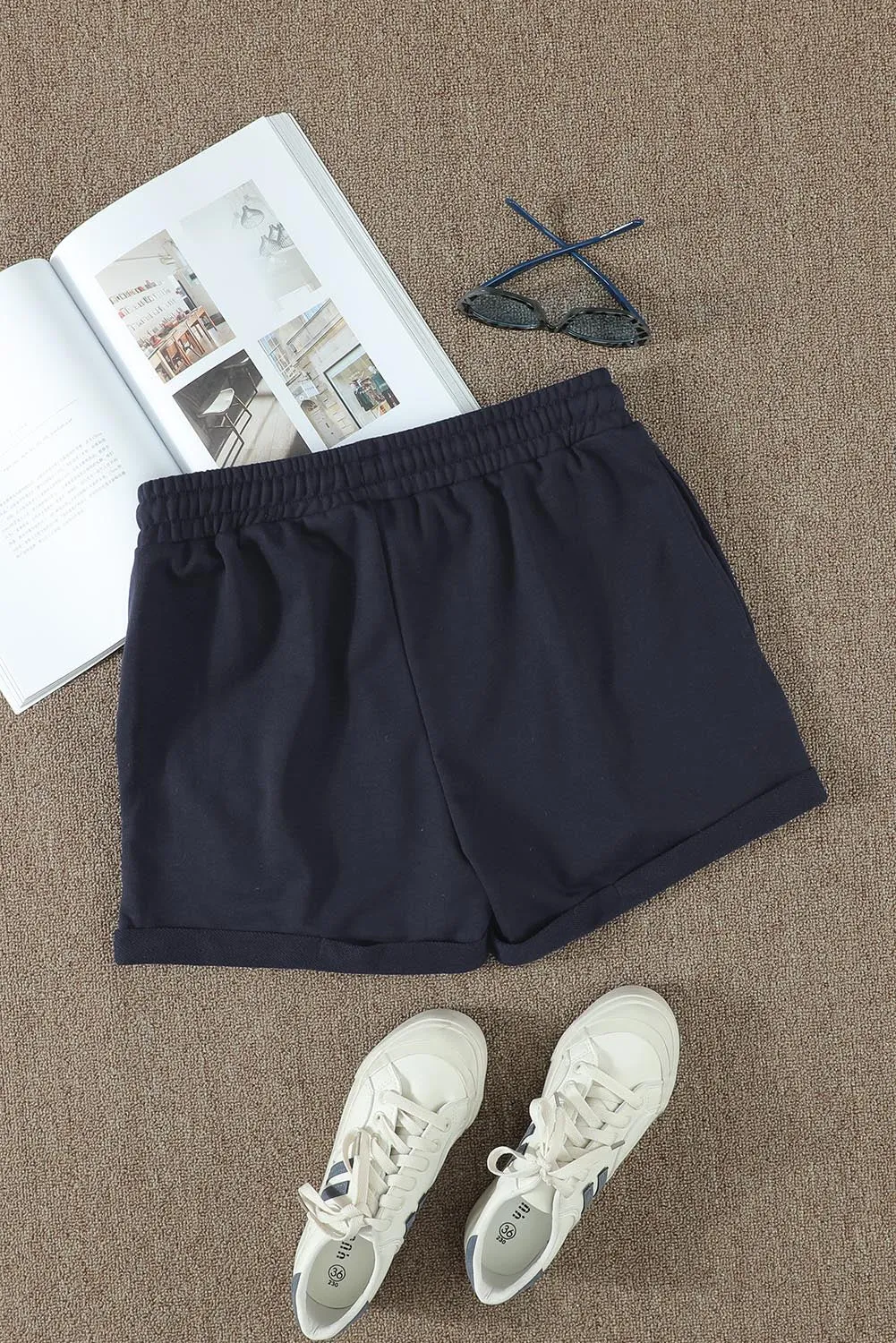 Summer Women Navy Blue Tie Waist Side Pockets Cuffed Lounge Shorts