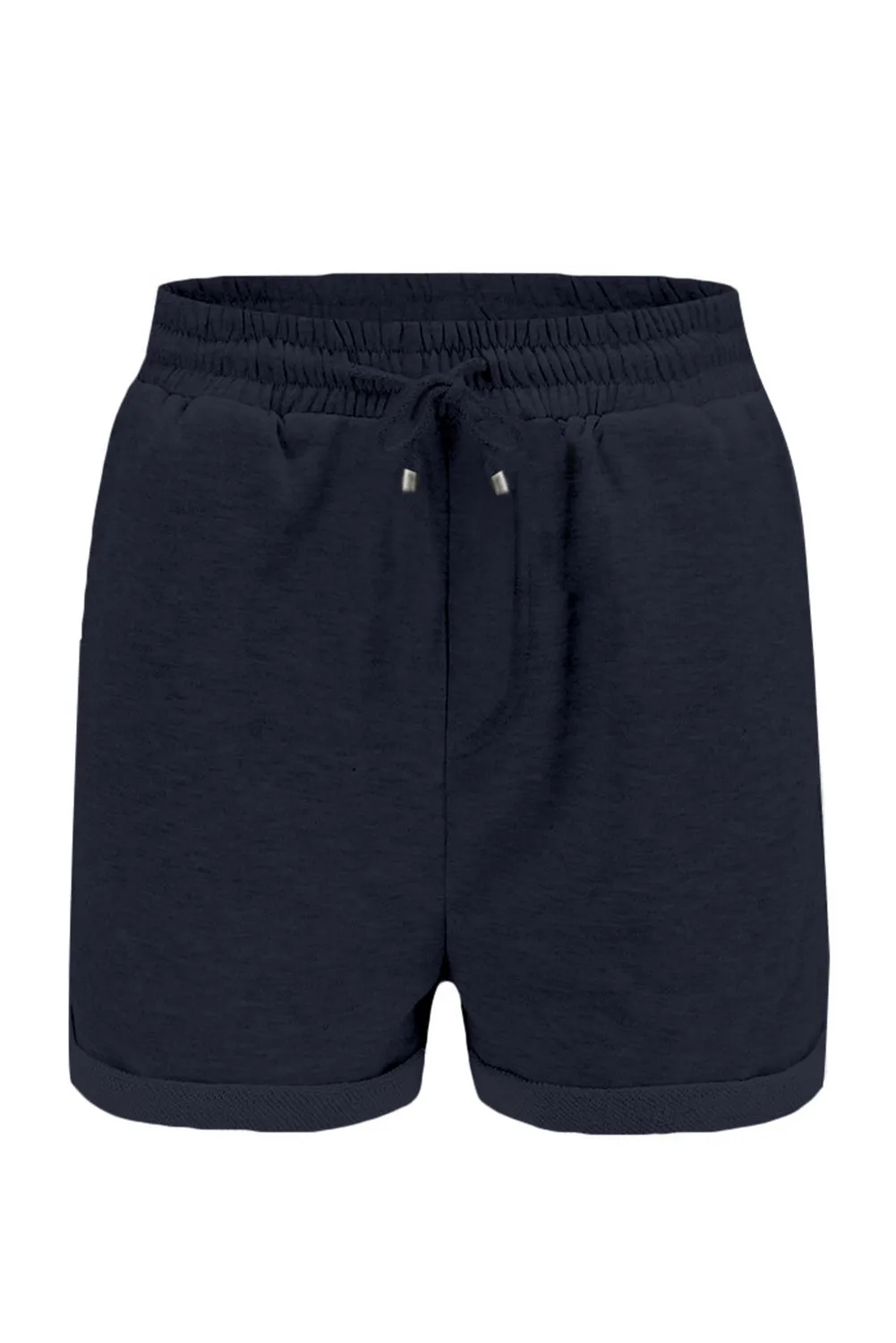 Summer Women Navy Blue Tie Waist Side Pockets Cuffed Lounge Shorts