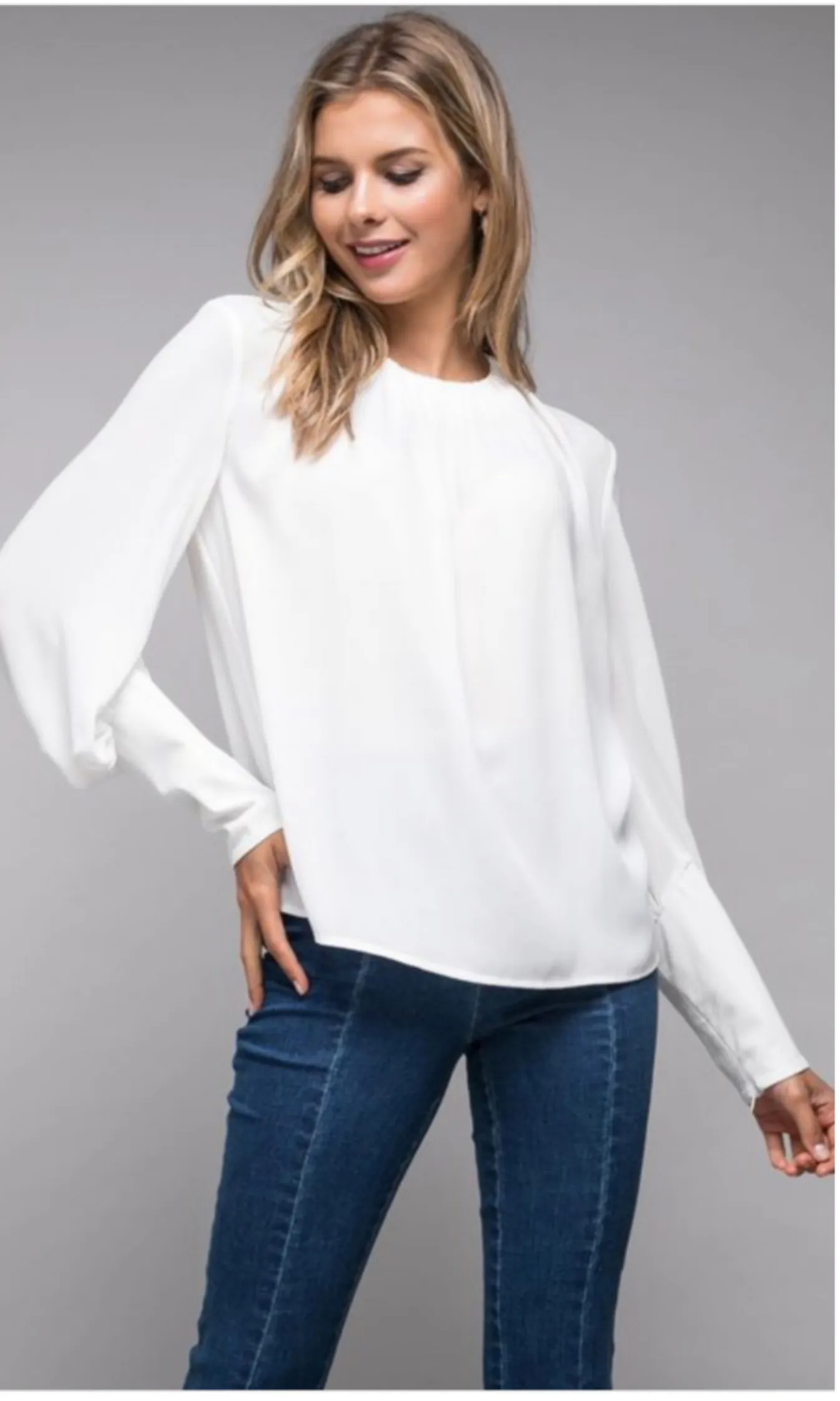 Thoughful Charm Off-White Bishop Sleeve Dressy Blouse
