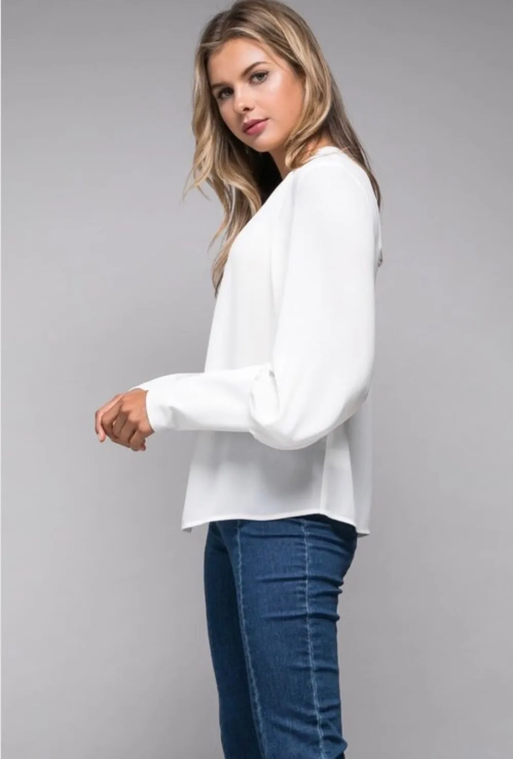 Thoughful Charm Off-White Bishop Sleeve Dressy Blouse