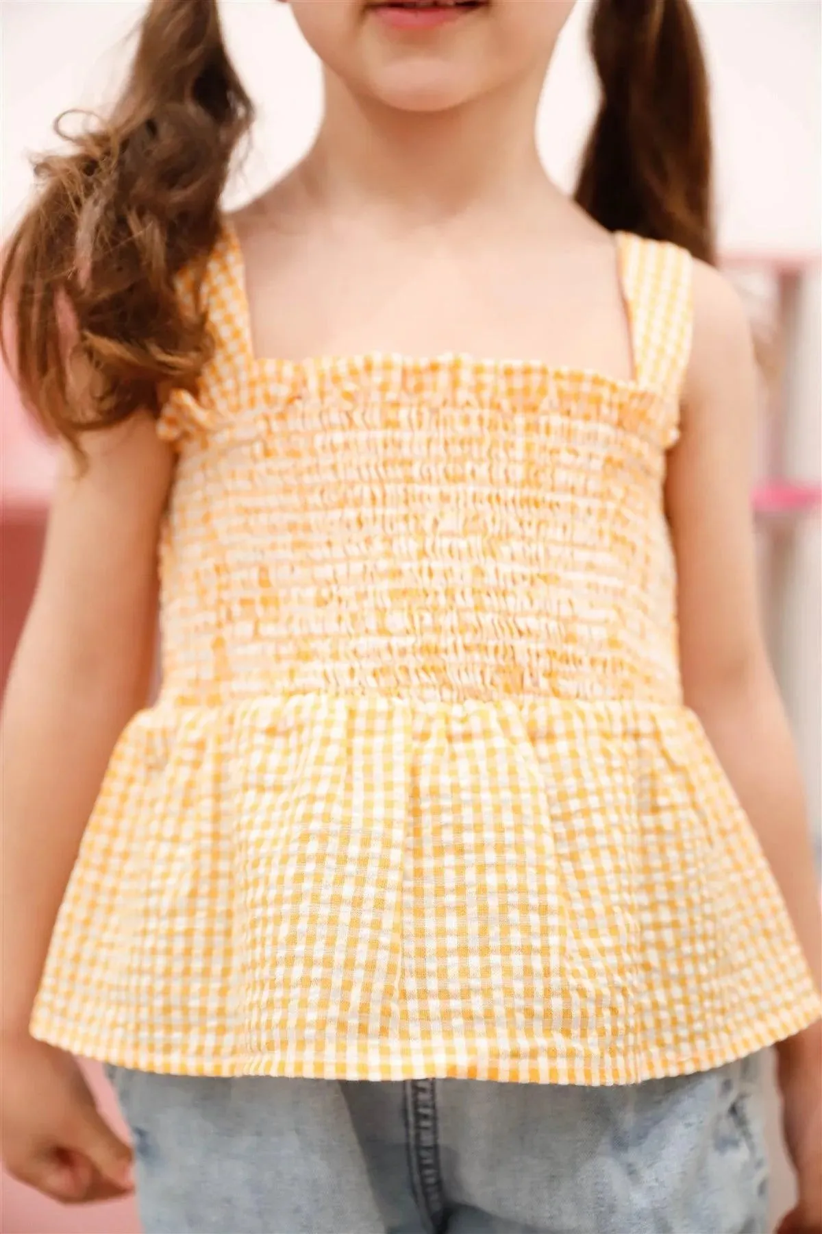 Toddler Girls Orange Plaid Smocked Flare Hem Sleeveless Top /1-1-2-1