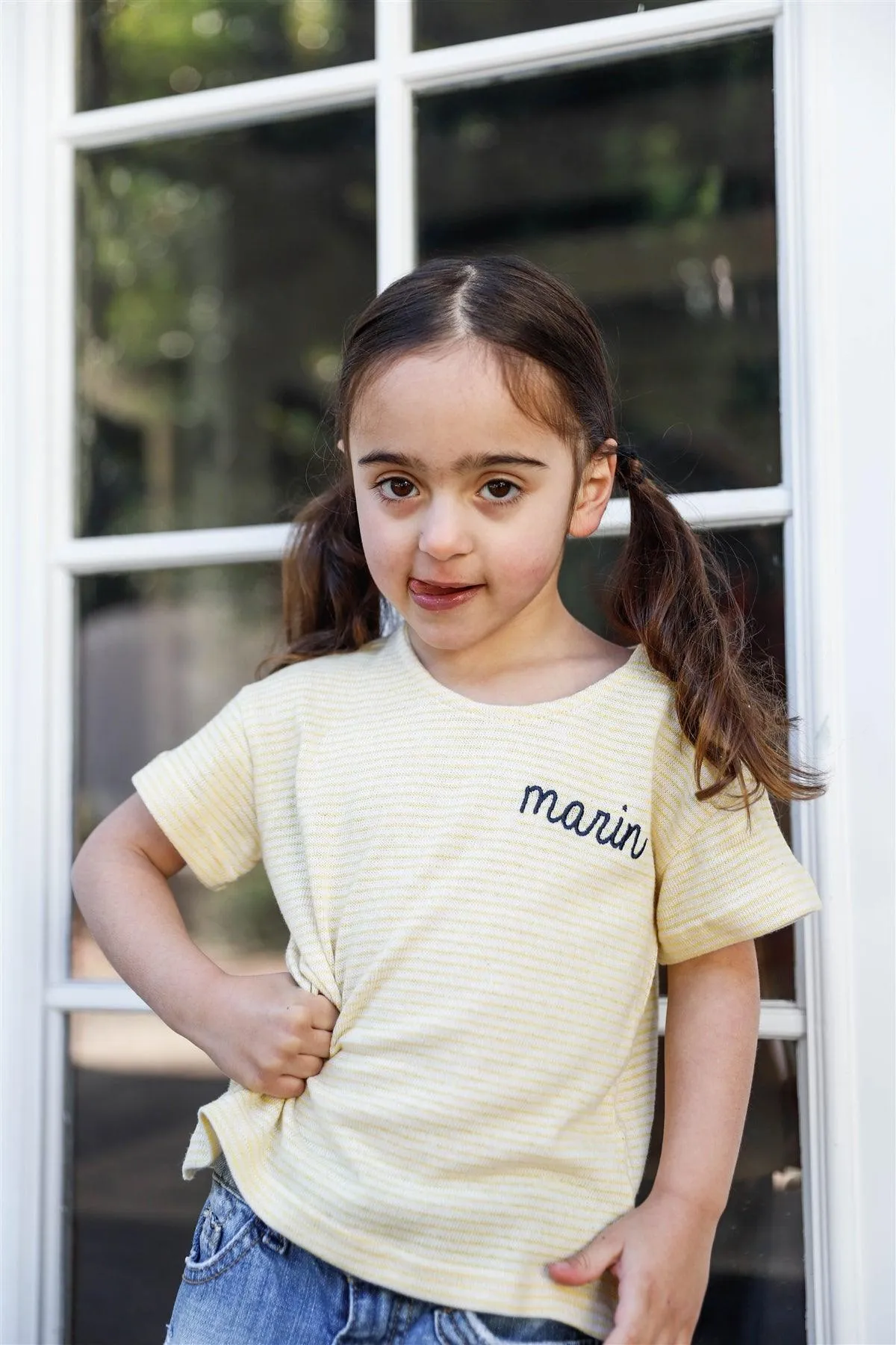 Toddler Little Girls Yellow Stripe "Marin" Side Button Details Top