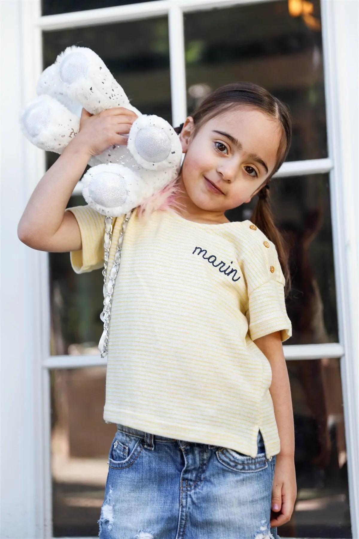 Toddler Little Girls Yellow Stripe "Marin" Side Button Details Top