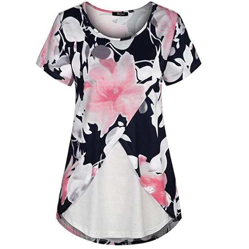 Trendy Floral Print Short-sleeve Nursing Tee