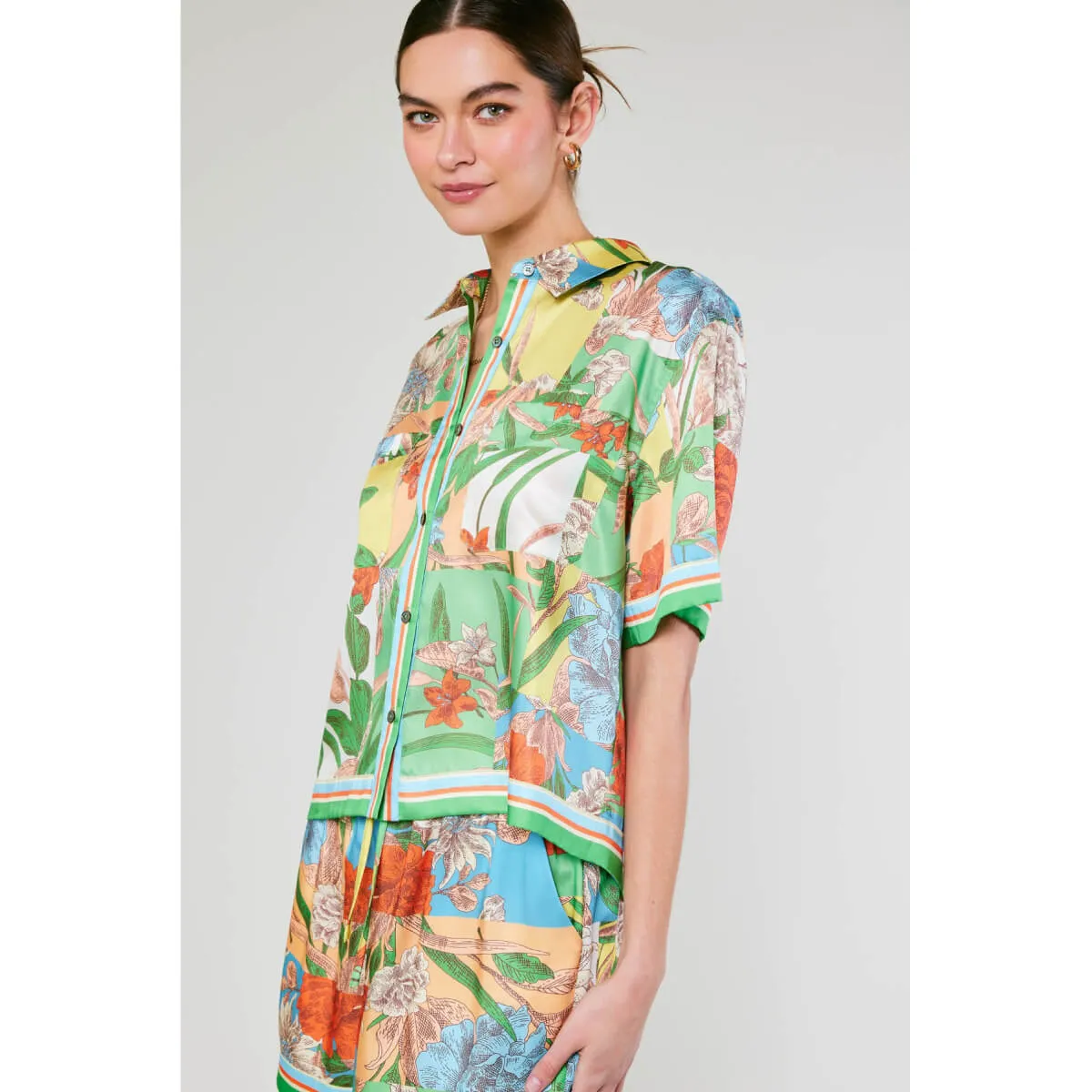 Tropical Color Block Print Button Up Top