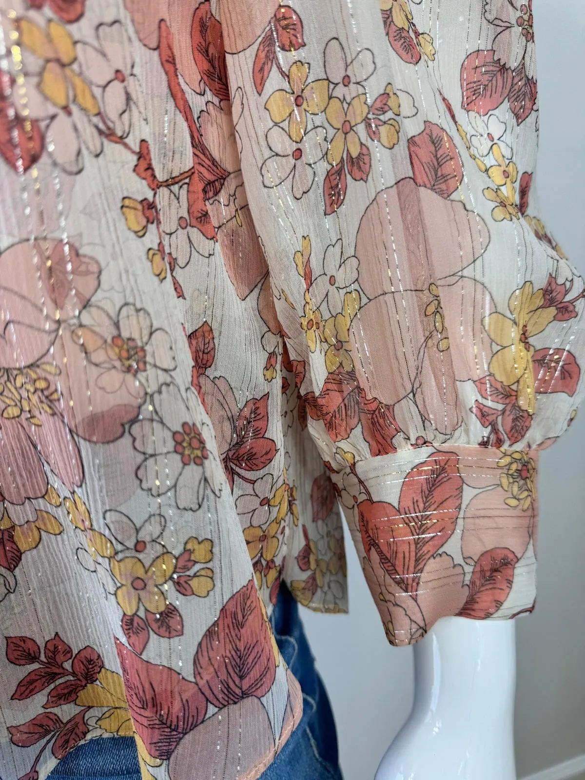 VERONICA BEARD MILAN METALLIC FLORAL PRINT SILK BLEND GEORGETTE BLOUSE