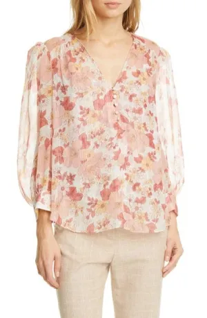 VERONICA BEARD MILAN METALLIC FLORAL PRINT SILK BLEND GEORGETTE BLOUSE