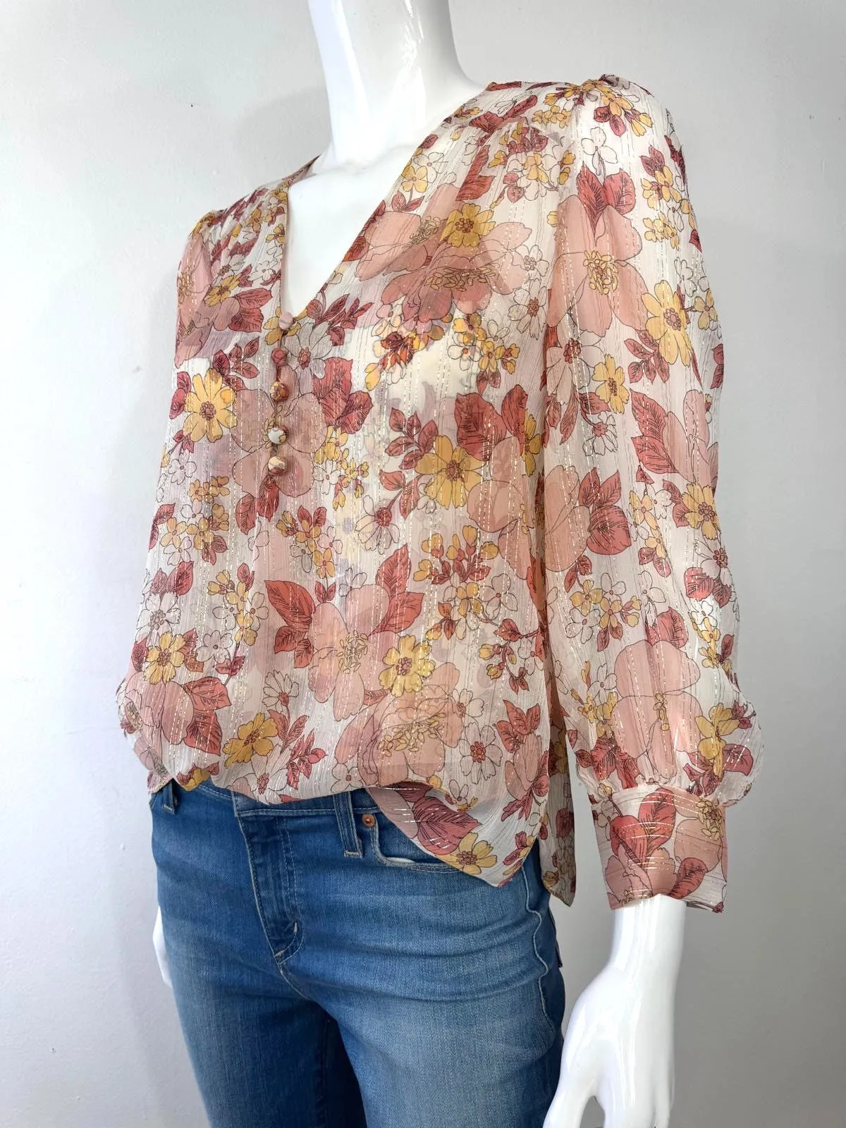 VERONICA BEARD MILAN METALLIC FLORAL PRINT SILK BLEND GEORGETTE BLOUSE