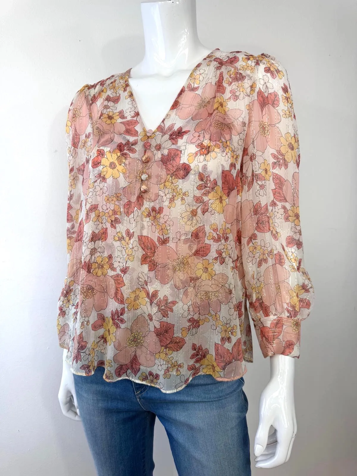 VERONICA BEARD MILAN METALLIC FLORAL PRINT SILK BLEND GEORGETTE BLOUSE