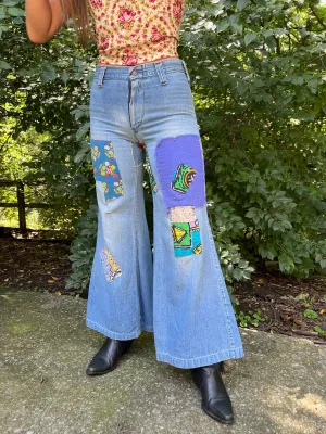 Vintage 70s Denim Bell Bottom Jeans cloth patchwork, Come Up