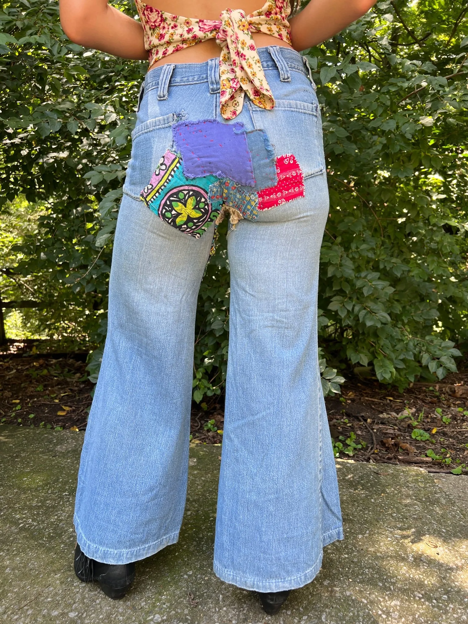 Vintage 70s Denim Bell Bottom Jeans cloth patchwork, Come Up