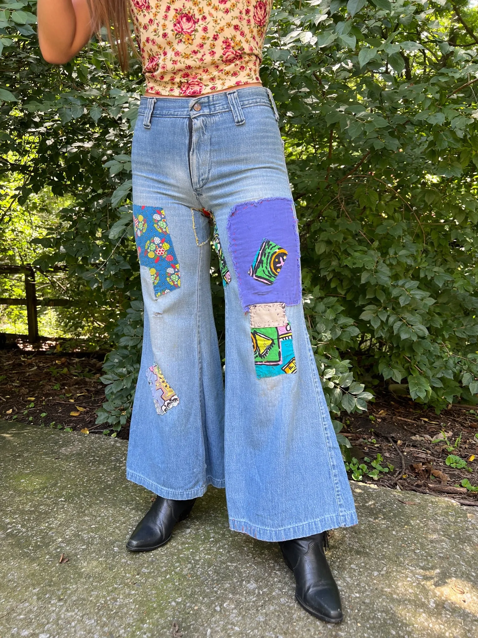 Vintage 70s Denim Bell Bottom Jeans cloth patchwork, Come Up