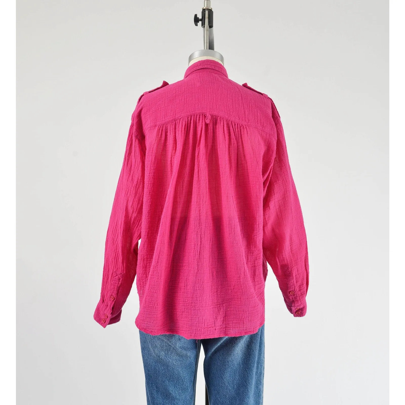 Vintage 80s Pink Cotton Gauze Blouse Collared Button Down Boho Chic Shirt S M
