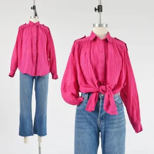 Vintage 80s Pink Cotton Gauze Blouse Collared Button Down Boho Chic Shirt S M
