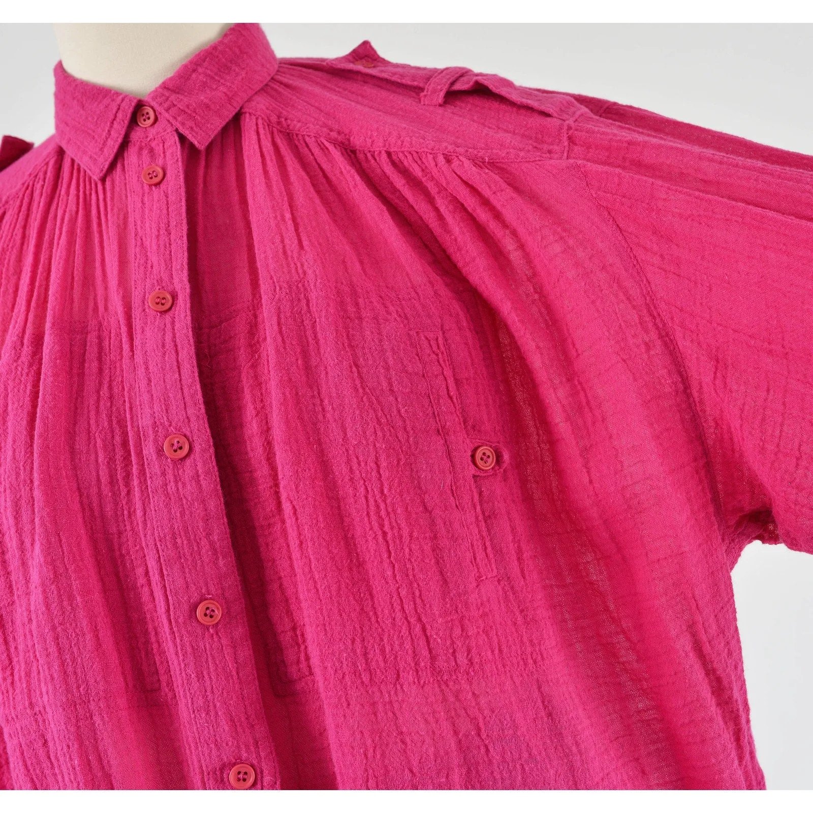 Vintage 80s Pink Cotton Gauze Blouse Collared Button Down Boho Chic Shirt S M