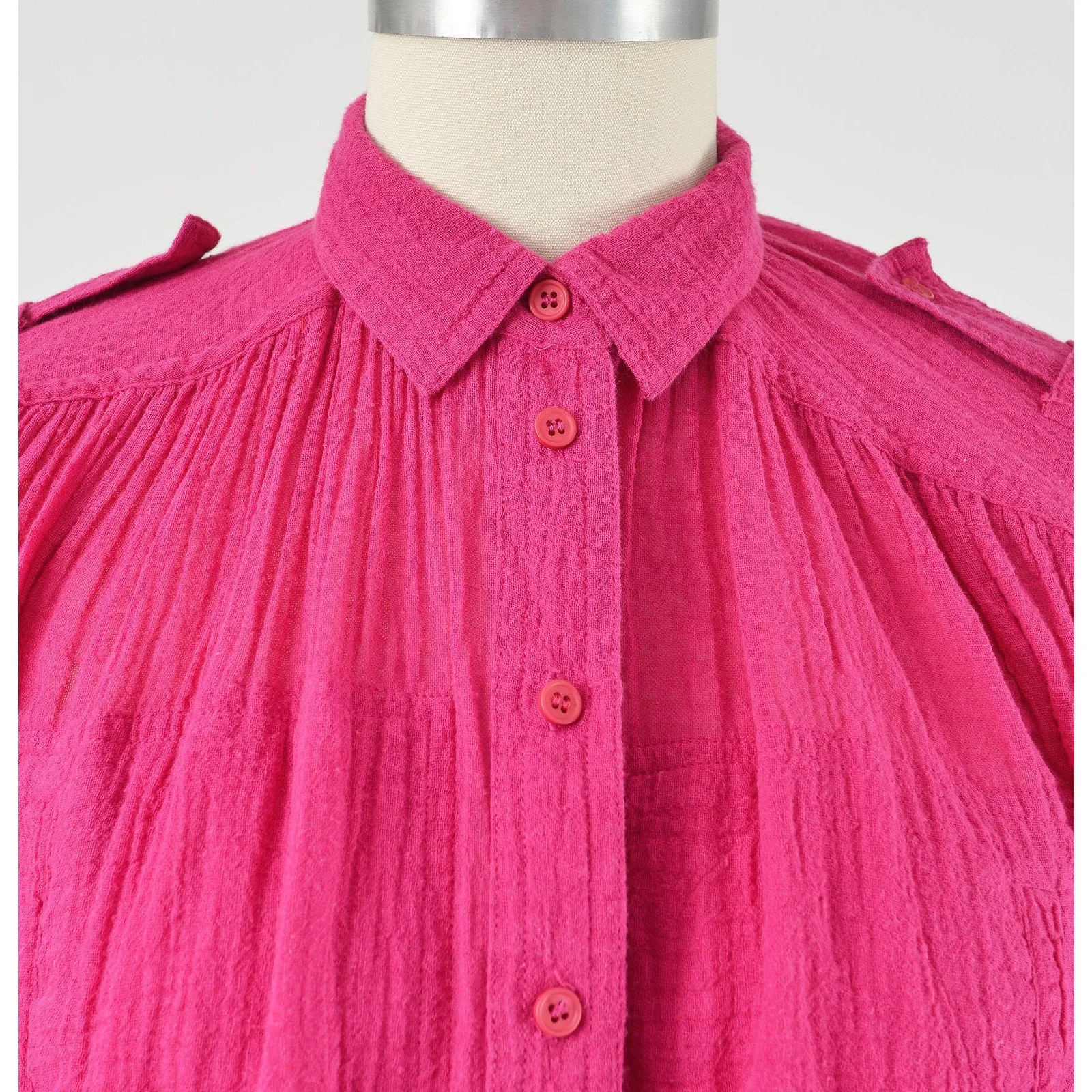 Vintage 80s Pink Cotton Gauze Blouse Collared Button Down Boho Chic Shirt S M