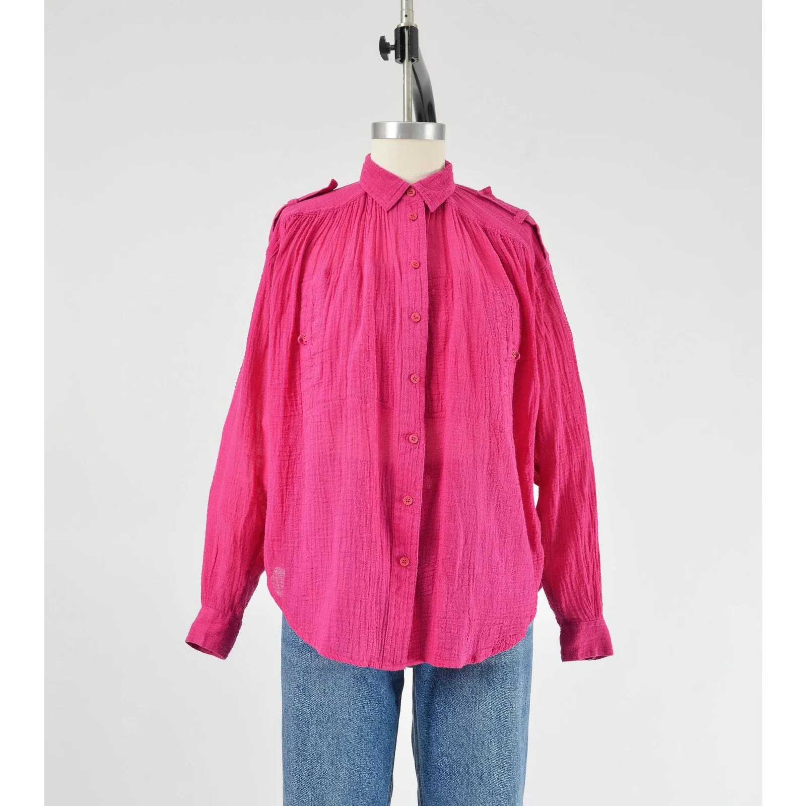 Vintage 80s Pink Cotton Gauze Blouse Collared Button Down Boho Chic Shirt S M