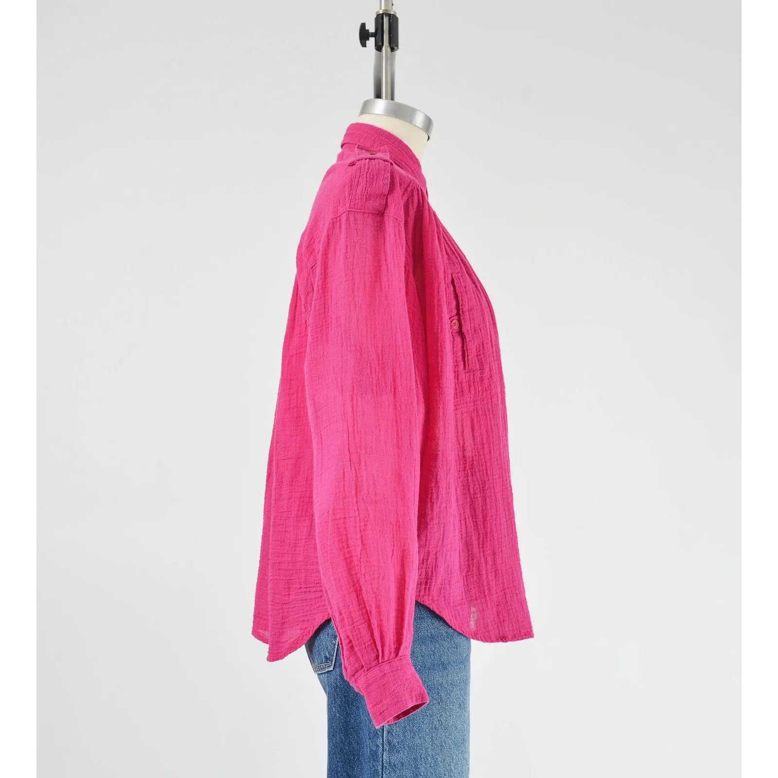 Vintage 80s Pink Cotton Gauze Blouse Collared Button Down Boho Chic Shirt S M