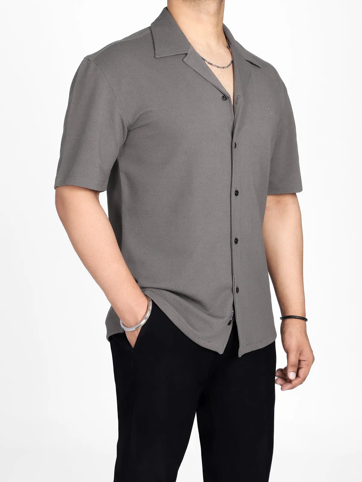 Warm Grey Textured Bowling Shirt