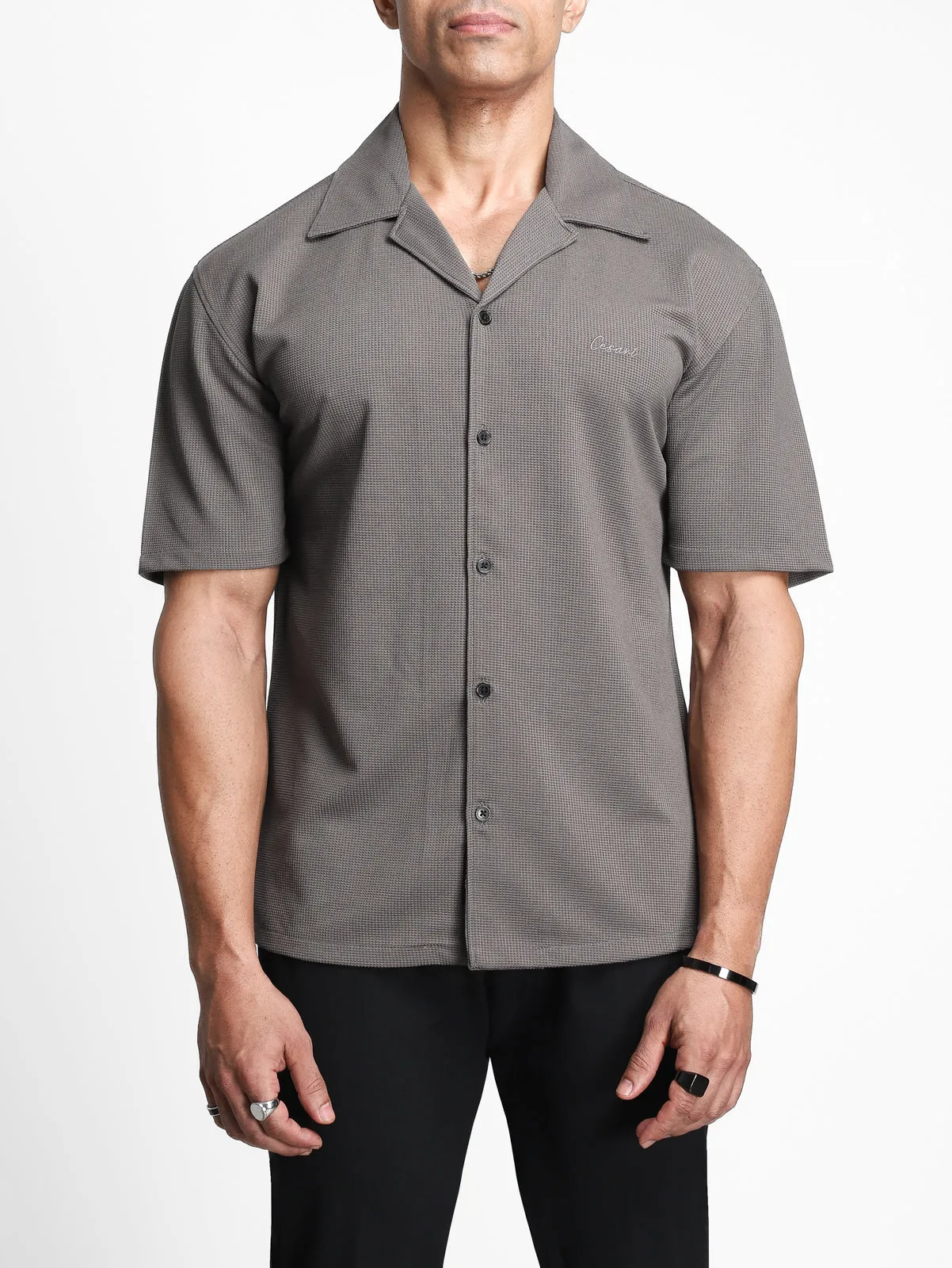 Warm Grey Textured Bowling Shirt