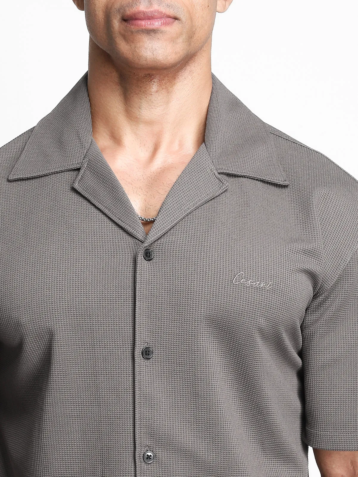 Warm Grey Textured Bowling Shirt