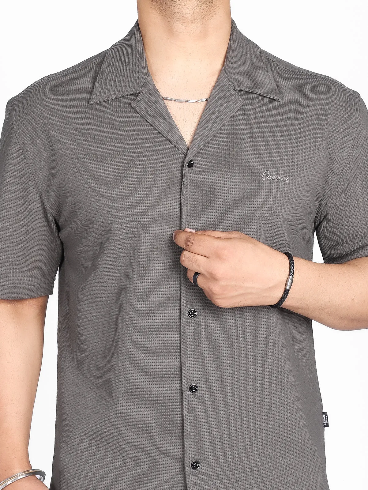Warm Grey Textured Bowling Shirt