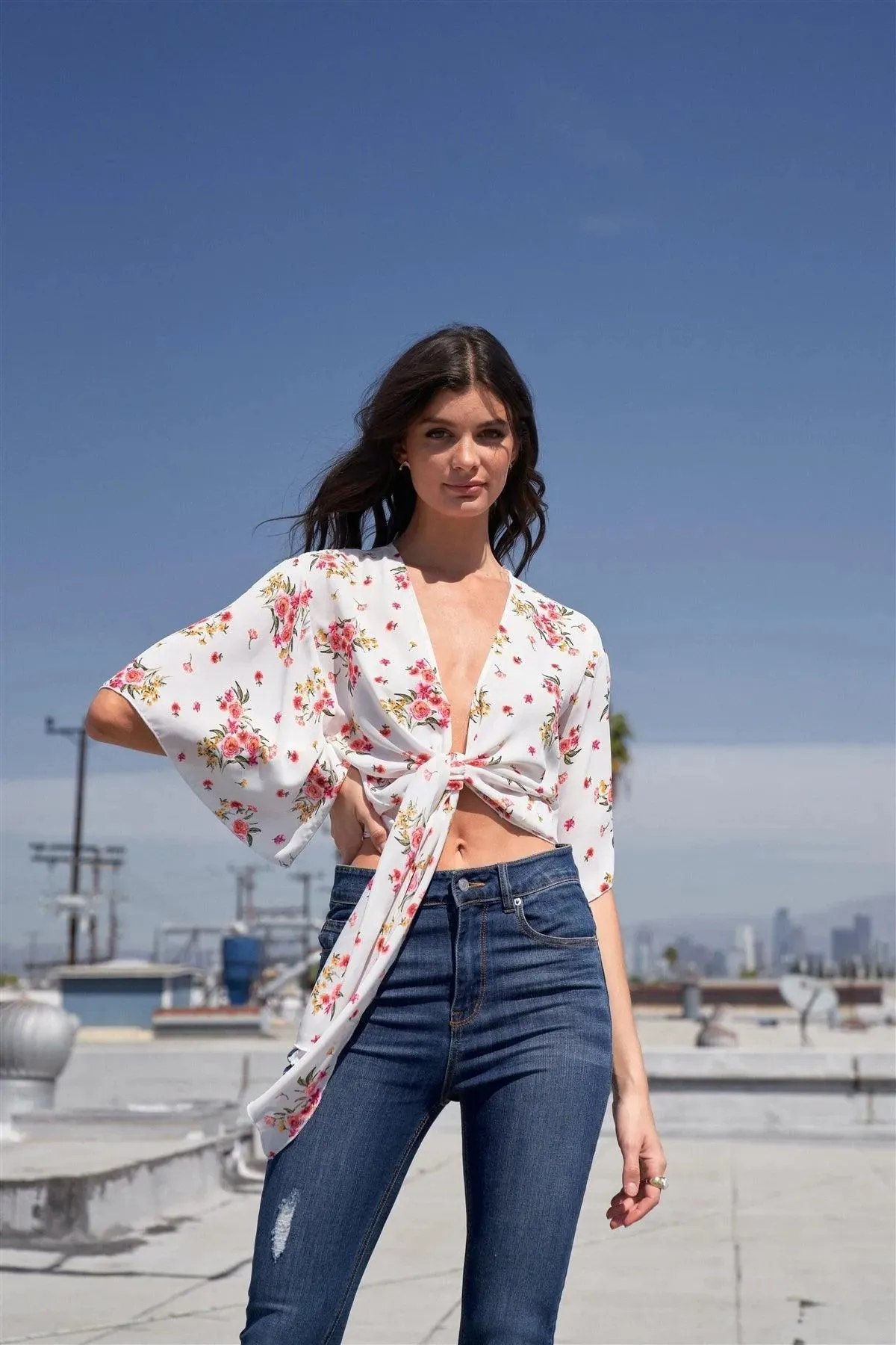 White Floral Print Plunge Neck Self-Tie Front Wide Sleeve With Slit Cropped Top /2-2-2