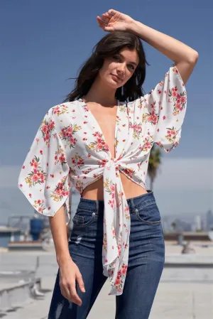 White Floral Print Plunge Neck Self-Tie Front Wide Sleeve With Slit Cropped Top /2-2-2