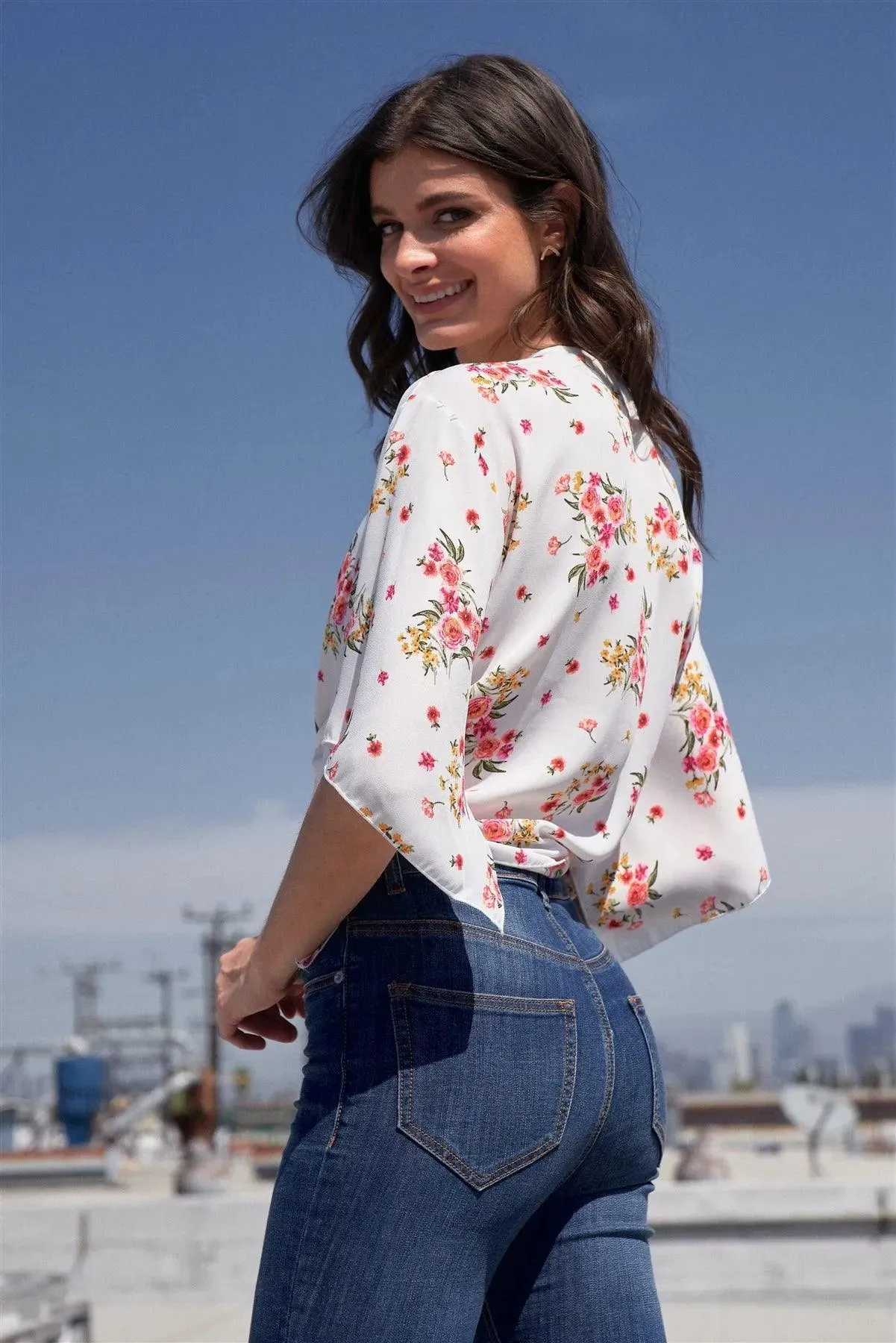 White Floral Print Plunge Neck Self-Tie Front Wide Sleeve With Slit Cropped Top /2-2-2