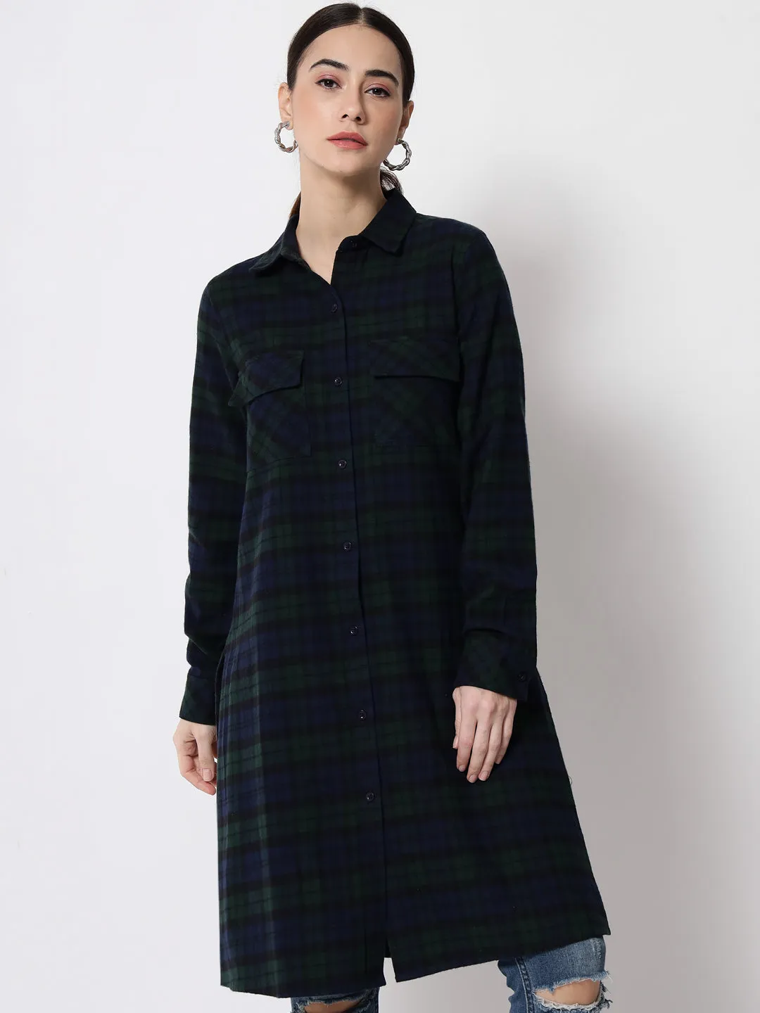 Women Blue Relaxed Tartan Checked Casual Long Shirt