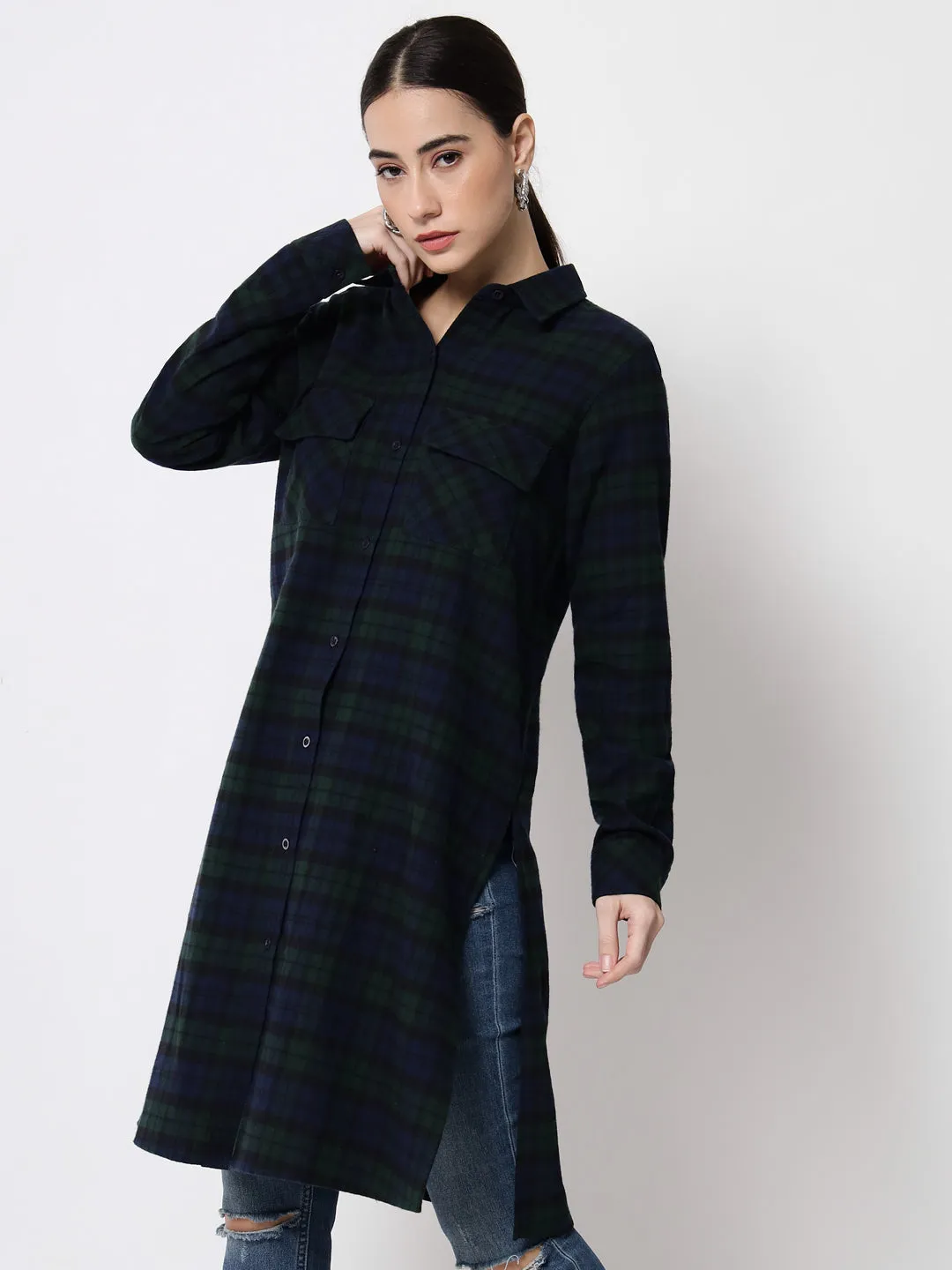Women Blue Relaxed Tartan Checked Casual Long Shirt
