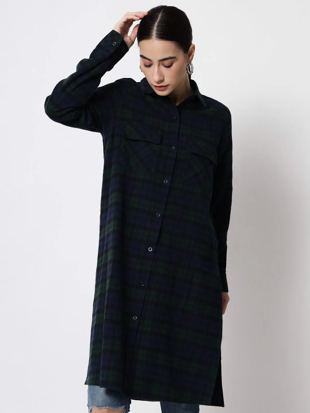 Women Blue Relaxed Tartan Checked Casual Long Shirt