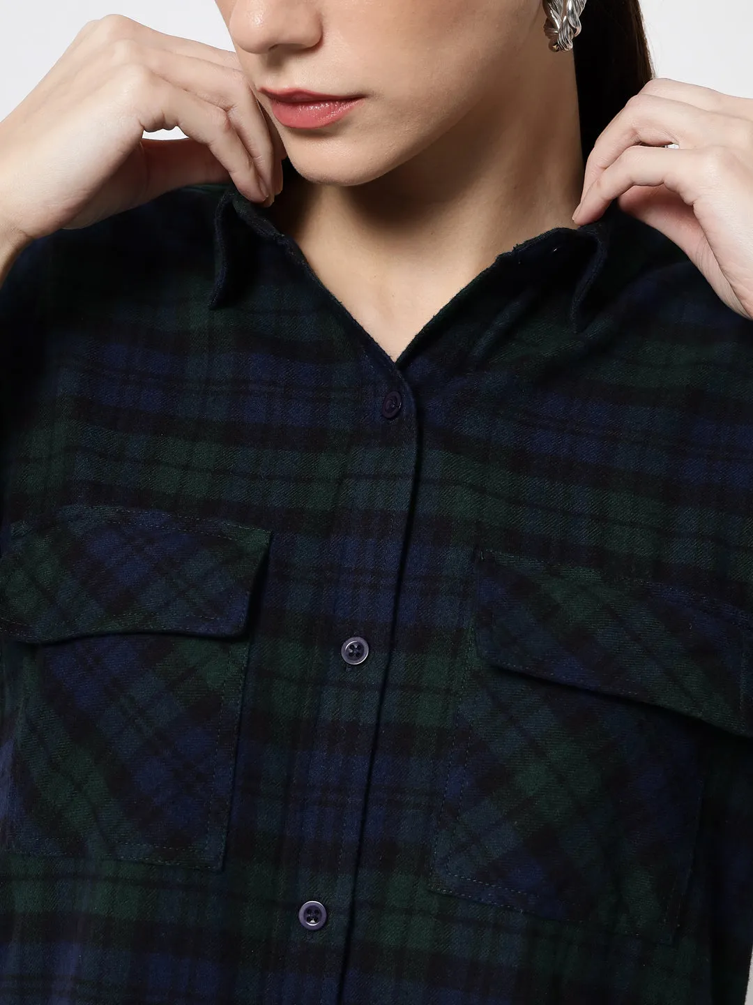 Women Blue Relaxed Tartan Checked Casual Long Shirt