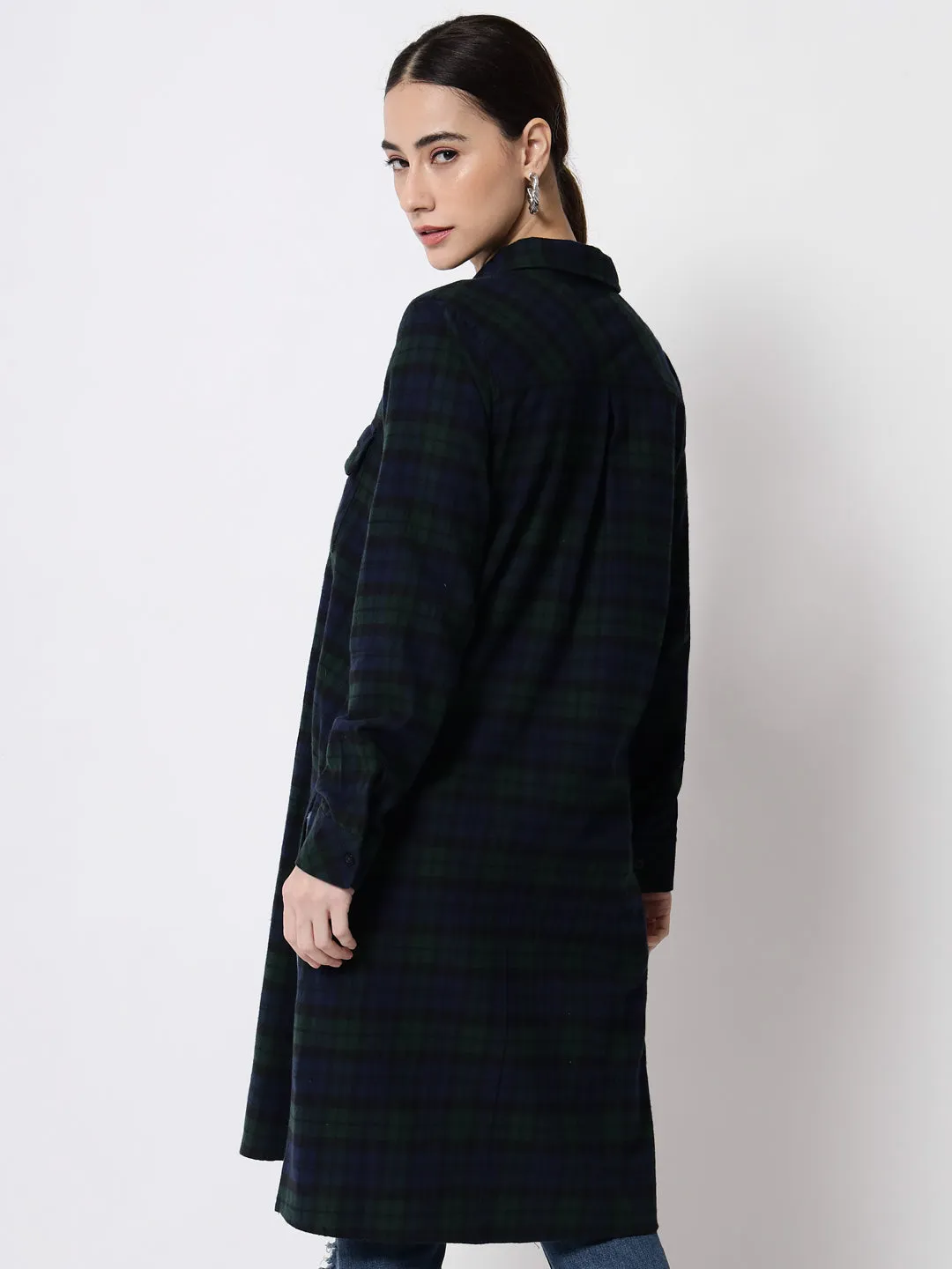 Women Blue Relaxed Tartan Checked Casual Long Shirt