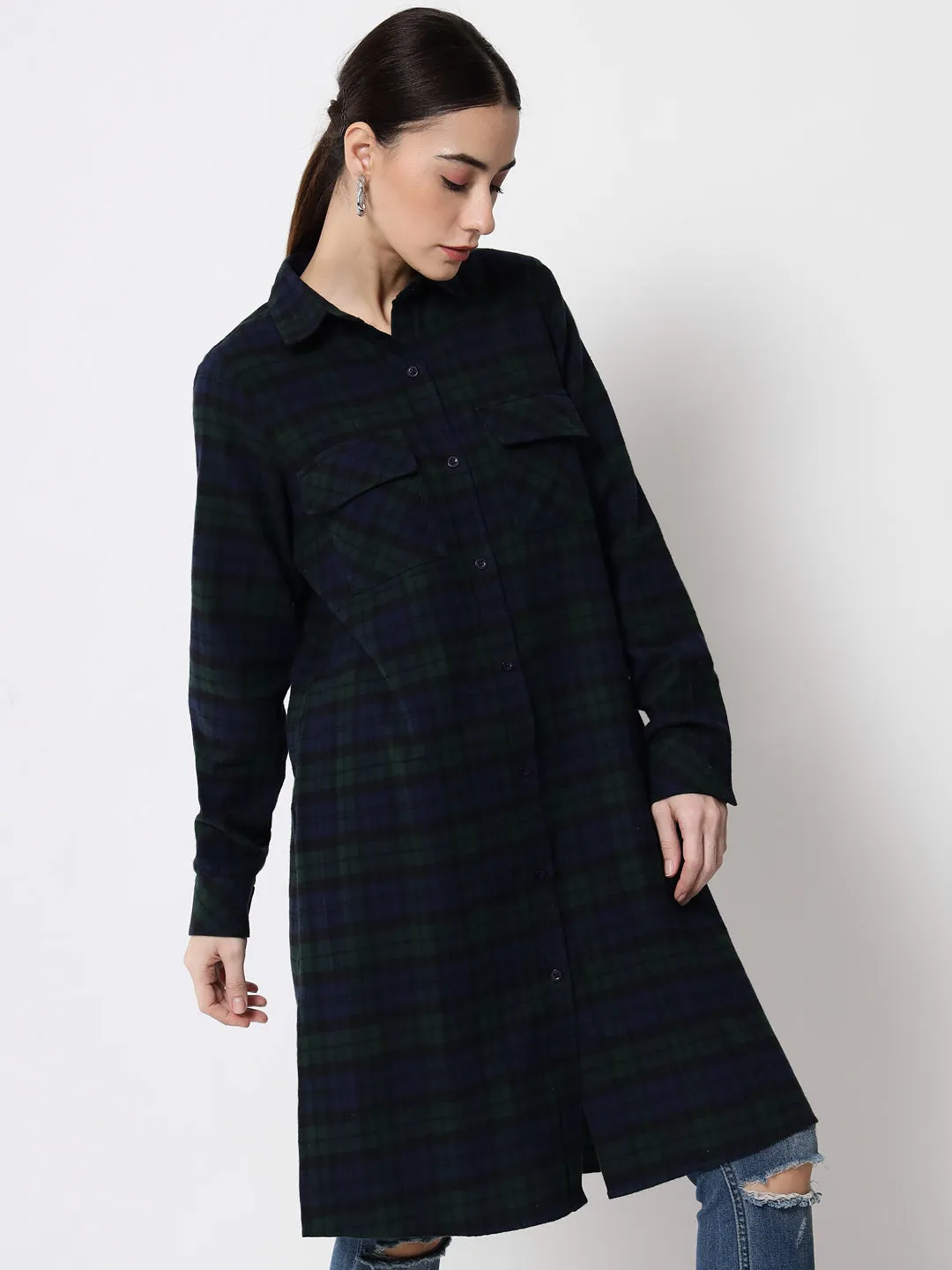 Women Blue Relaxed Tartan Checked Casual Long Shirt