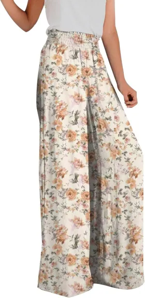 Women Flowers Printed Trouser High Waist Vintage Print Palazzo Pants Lightweight Loose Boho Wide Leg Pant (Orange, S)