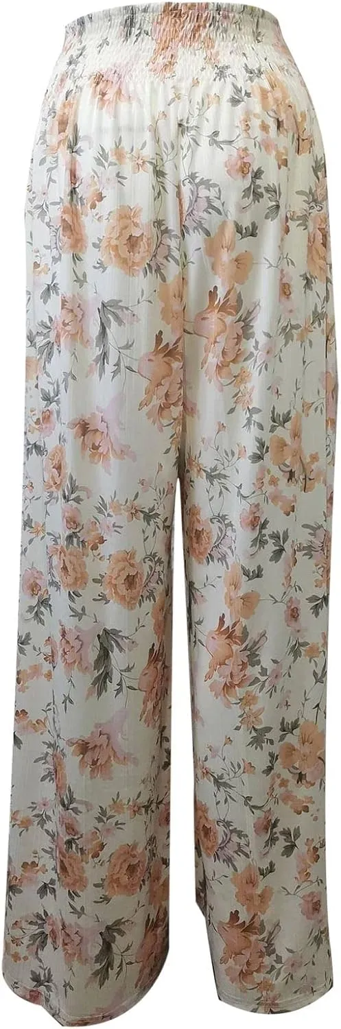 Women Flowers Printed Trouser High Waist Vintage Print Palazzo Pants Lightweight Loose Boho Wide Leg Pant (Orange, S)