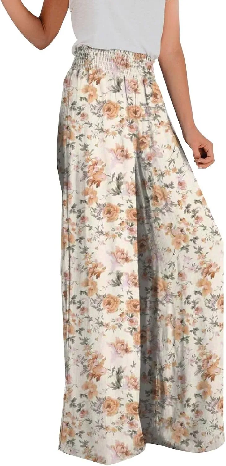 Women Flowers Printed Trouser High Waist Vintage Print Palazzo Pants Lightweight Loose Boho Wide Leg Pant (Orange, S)