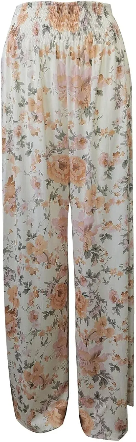 Women Flowers Printed Trouser High Waist Vintage Print Palazzo Pants Lightweight Loose Boho Wide Leg Pant (Orange, S)