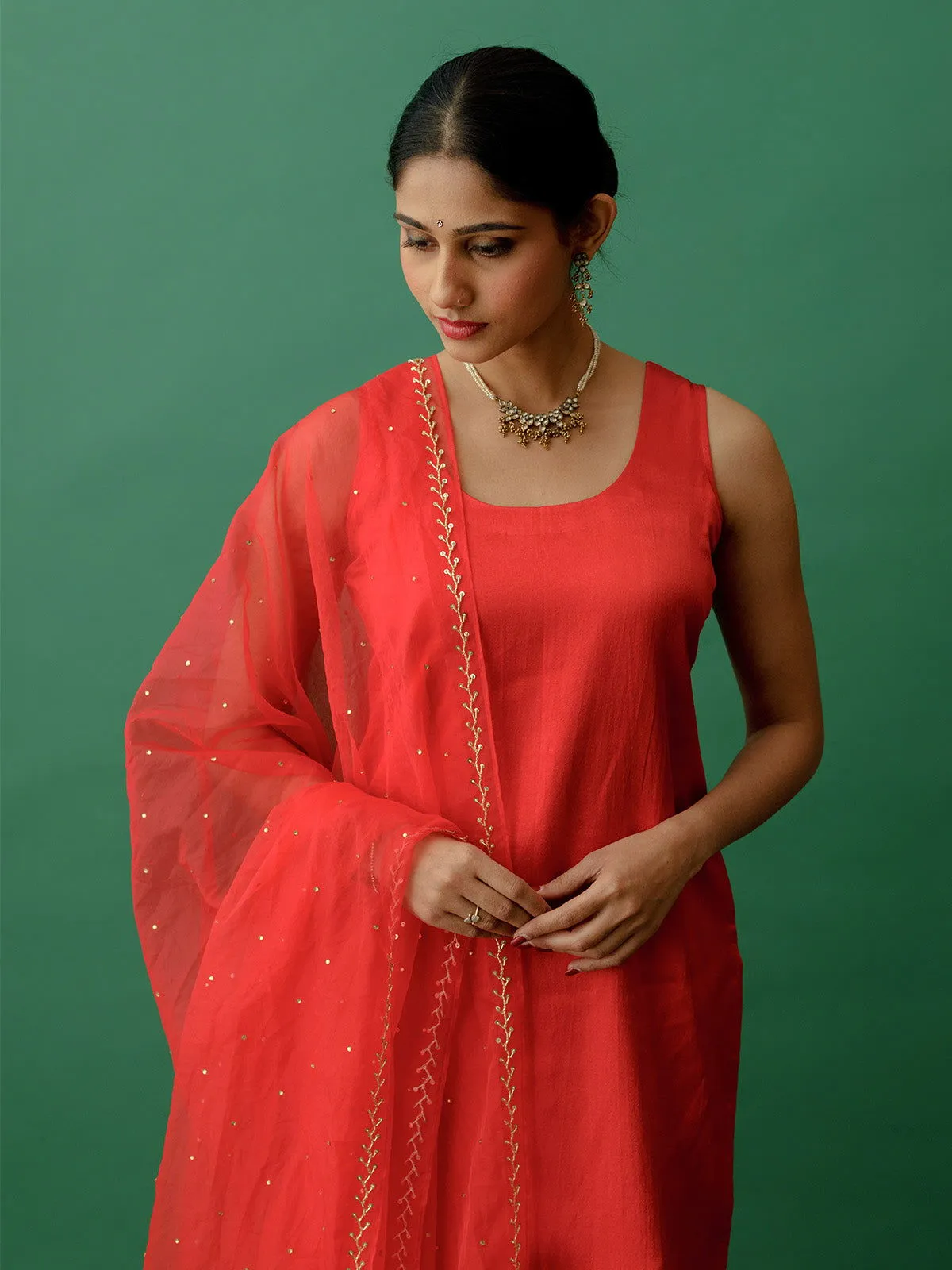 Women Silk Zariwork Roundneck Straightfit Sharara Set Red