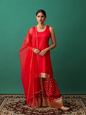 Women Silk Zariwork Roundneck Straightfit Sharara Set Red