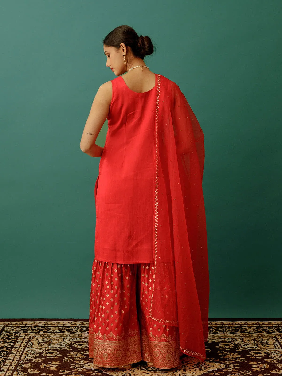 Women Silk Zariwork Roundneck Straightfit Sharara Set Red