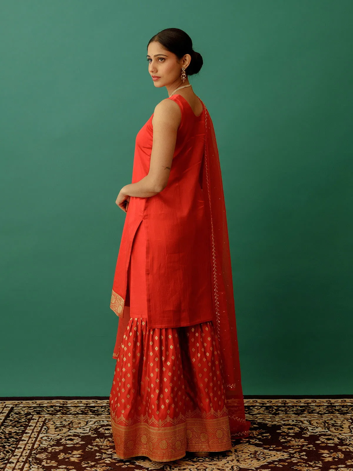 Women Silk Zariwork Roundneck Straightfit Sharara Set Red