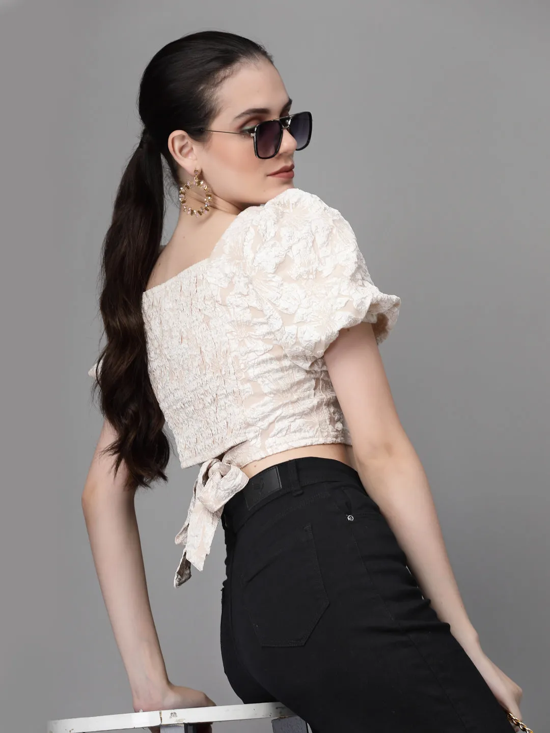 Women Square Neck Embroidered Cropped Blouson Top