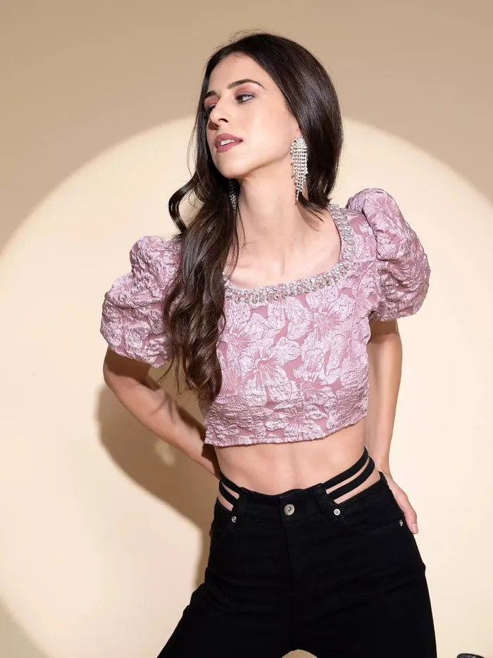 Women Square Neck Embroidered Cropped Blouson Top