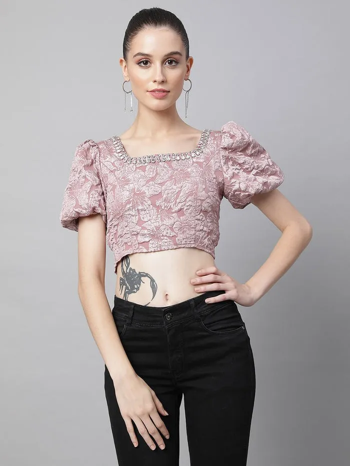 Women Square Neck Embroidered Cropped Blouson Top